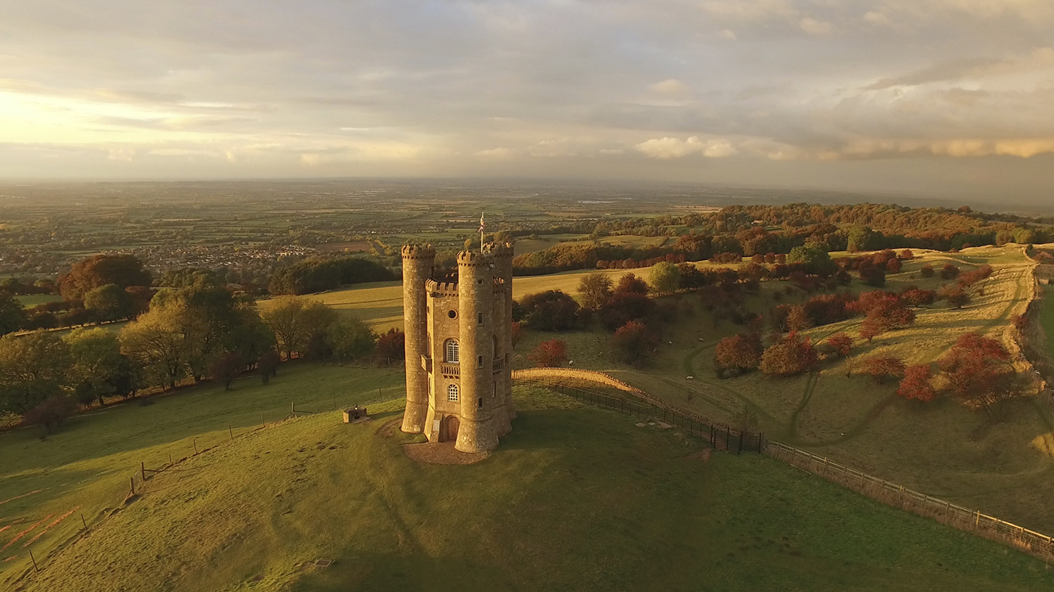 Broadway Tower on the edge of the Cotswold hills during sunset
